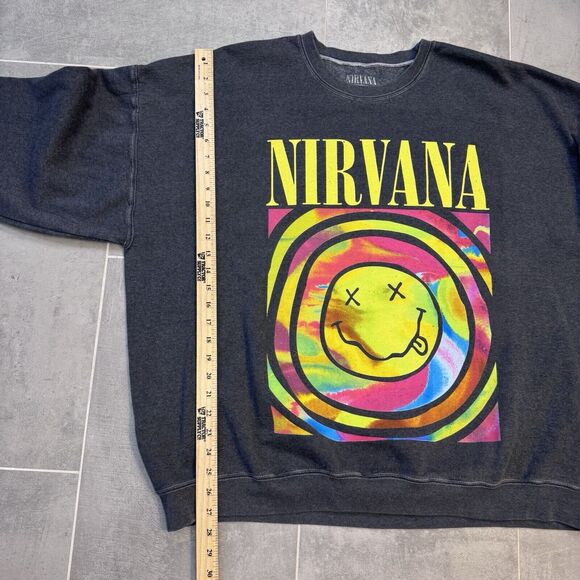 Nirvana Men’s Oversized Smiley Face Sweatshirt Charcoal Color Long Sleeve L/ XL - Picture 5 of 8